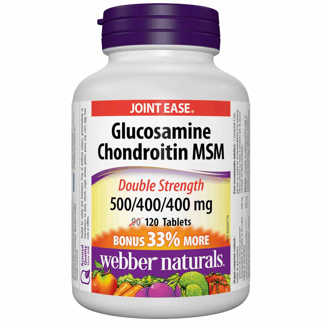Webber Naturals Glucosamine Chondroitin MSM, Double Strength, 500mg/400mg/400mg, BONUS SIZE 33% More, 90+30 Tablets