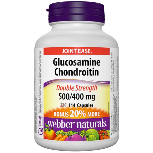 Webber Naturals Glucosamine Chondroitin Sulfate, Double Strength, 500mg/400mg, BONUS SIZE 20% More, 120+24 Capsules