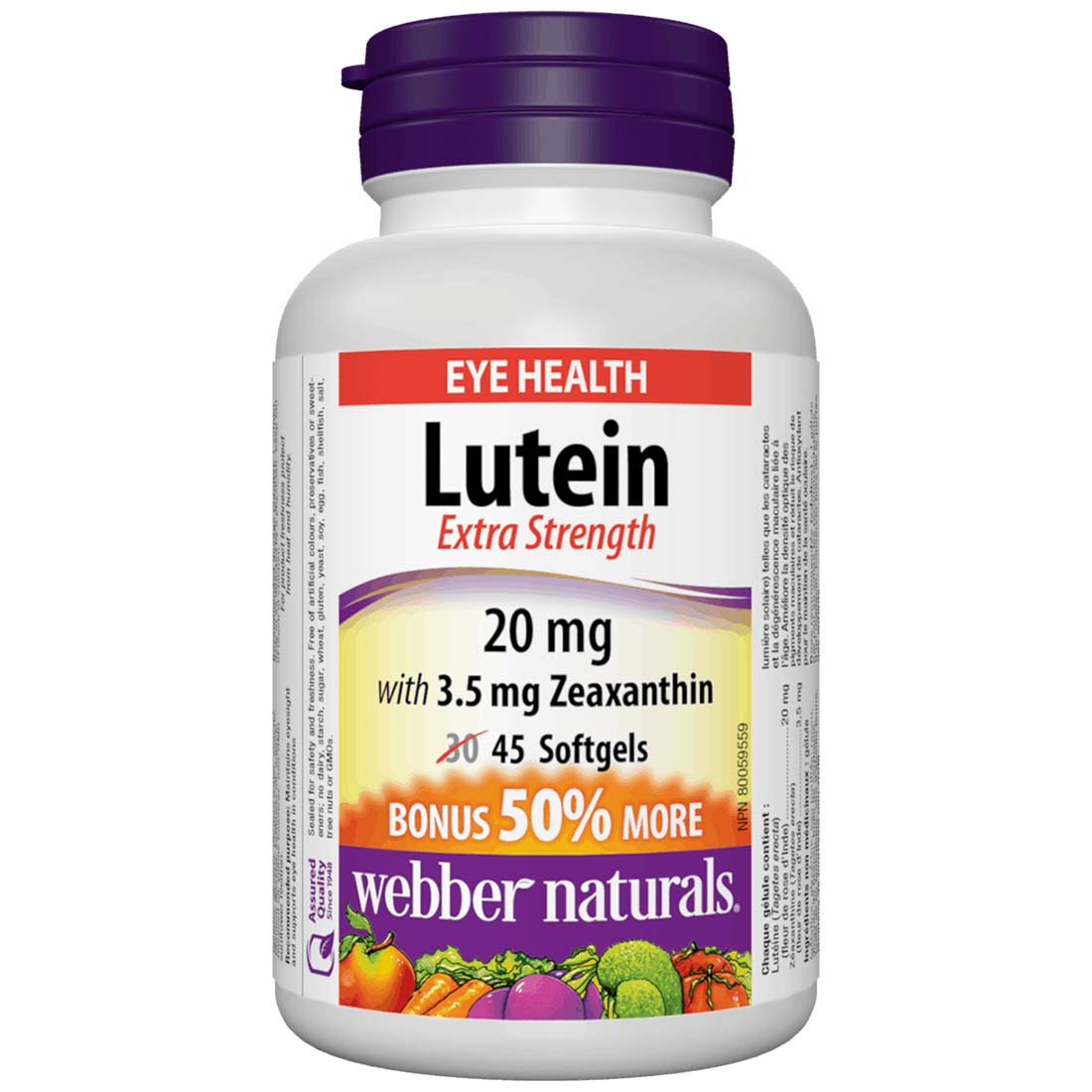 Webber Naturals Lutein 20mg with Zeaxanthin, Extra Strength, BONUS SIZE 50% MORE, 30+15 Softgels