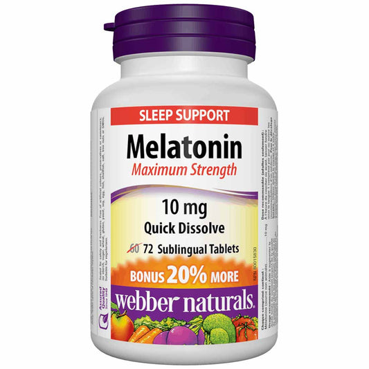 Webber Naturals Melatonin 10mg, Maximum Strength, BONUS 20% More, 60+12 Easy Dissolve Sublingual Tablets