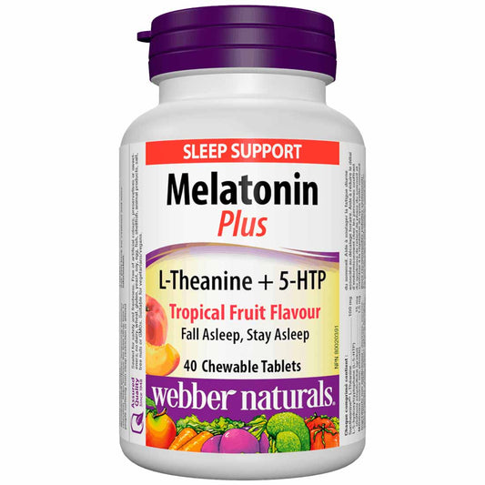Webber Naturals Melatonin 1.5mg Plus L-Theanine and 5-HTP, Tropical Fruit, 40 Chewable Tablets