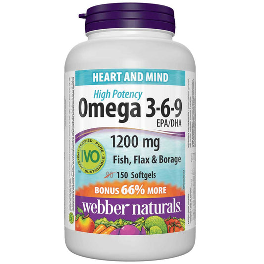 Webber Naturals Omega 3–6–9, Fish, Flax & Borage Oil, 1200mg, BONUS 66% More, 90+60 Softgels