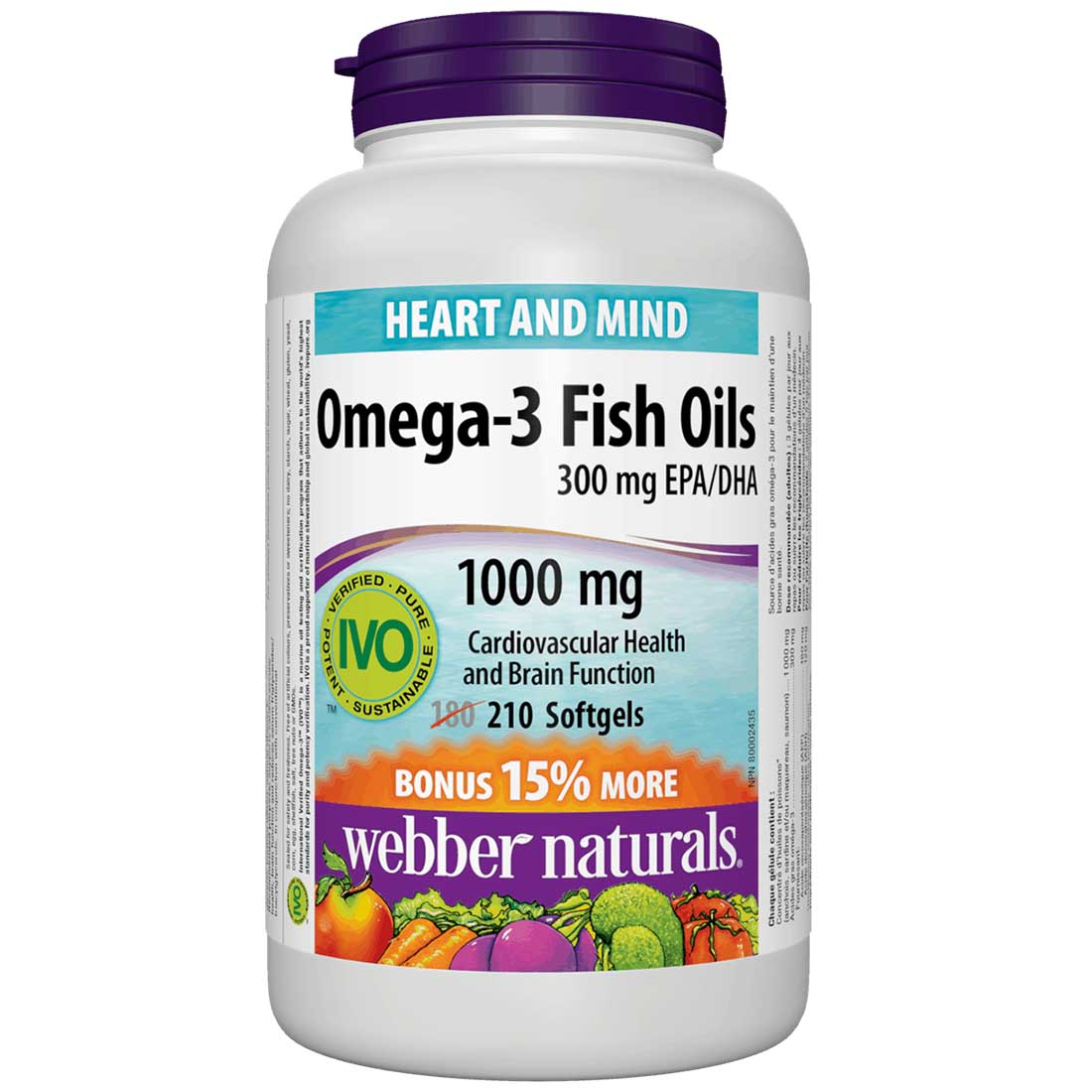 Webber Naturals Omega 3 Fish Oils, 1000mg, EPA 180mg,  DHA 120mg, BONUS 180+30 Softgels