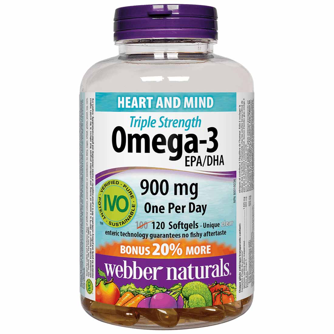 Webber Naturals Omega-3 900mg, Triple Strength, EPA 600mg, DHA 300mg, BONUS SIZE 20% MORE, 100+20 Clear Enteric Softgels