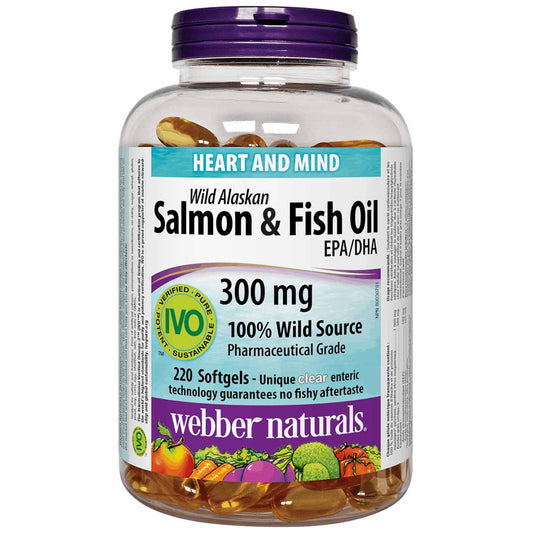 Webber Naturals Wild Alaskan Salmon and Fish Oil, Omega 3 300mg, EPA 180mg, DHA 120mg, Pharmaceutical Grade, 220 Clear Enteric Softgels