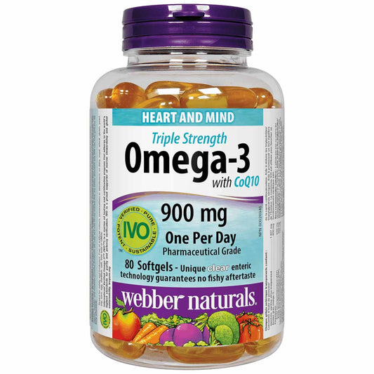 Webber Naturals Omega-3 plus CoQ10, Triple Strength, EPA 900mg, DHA 100mg, 80 Clear Enteric Softgels