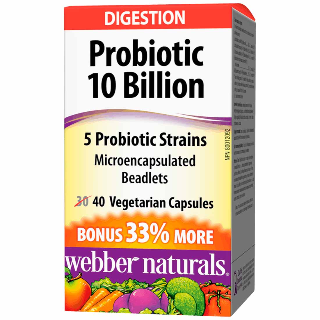 Webber Naturals Probiotic, Double Strength, 10 Billion Active Cells, 5 Probiotic Strains, BONUS! 33% MORE, 30+10 Capsules