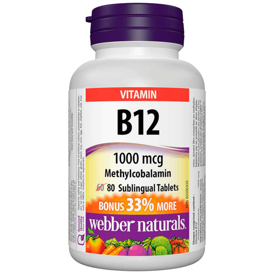 Webber Naturals Vitamin B12, Methylcobalamin, 1000mcg, BONUS! 33% More, 60+20 Sublingual Tablets
