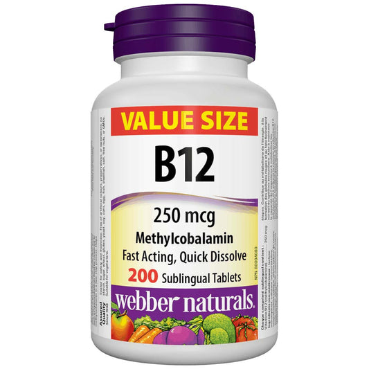 Webber Naturals Vitamin B12 Methylcobalamin 250mcg Value Size, 200 Sublingual Tablets