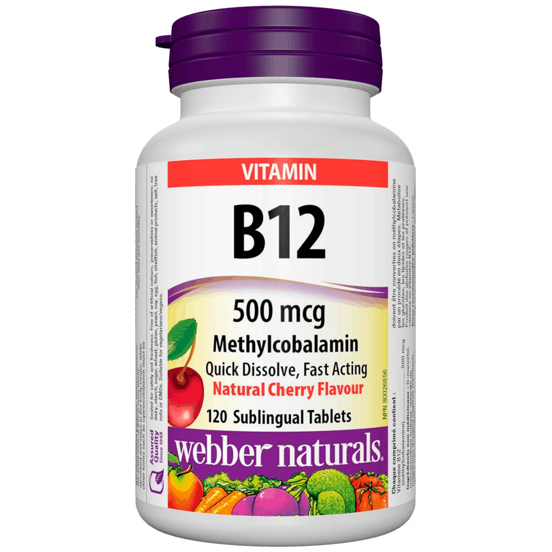 Webber Naturals Vitamin B12, Methylcobalamin, Cherry Flavored, 500mcg, 120 Sublingual Tablets