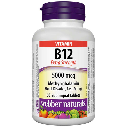 Webber Naturals Vitamin B12, Methylcobalamin, Extra Strength, 5000mcg, 60 Sublingual Tablets