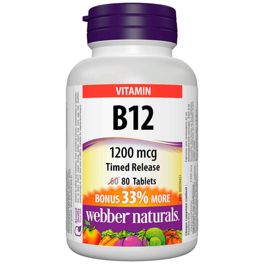 Webber Naturals Vitamin B12, Timed Release, 1200mcg, BONUS! 33% More, 60+20 Tablets