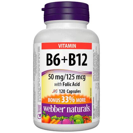 Webber Naturals Vitamin B6 + B12 with Folic Acid, 50mg/125 mcg/0.4 mg, BONUS! 33% More, 90+30 Capsules