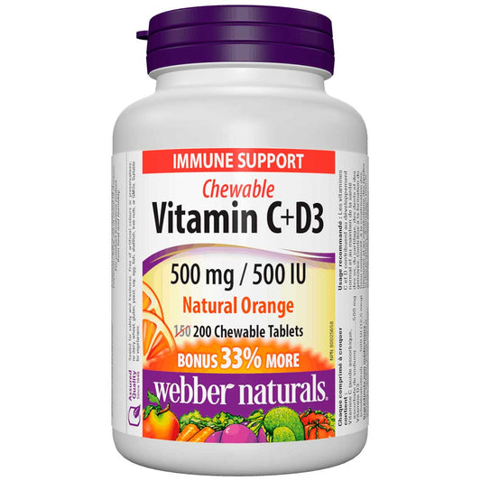 Webber Naturals Vitamin C + D3 500mg/500IU Natural Orange, 150+50 Chewable Tablets