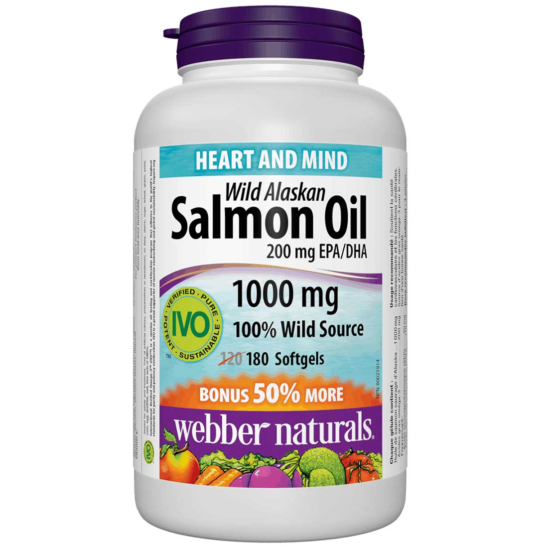 Webber Naturals Wild Alaskan Salmon Oil, 100% Pure, 1000mg, BONUS! 50% More, 120+60 Softgels