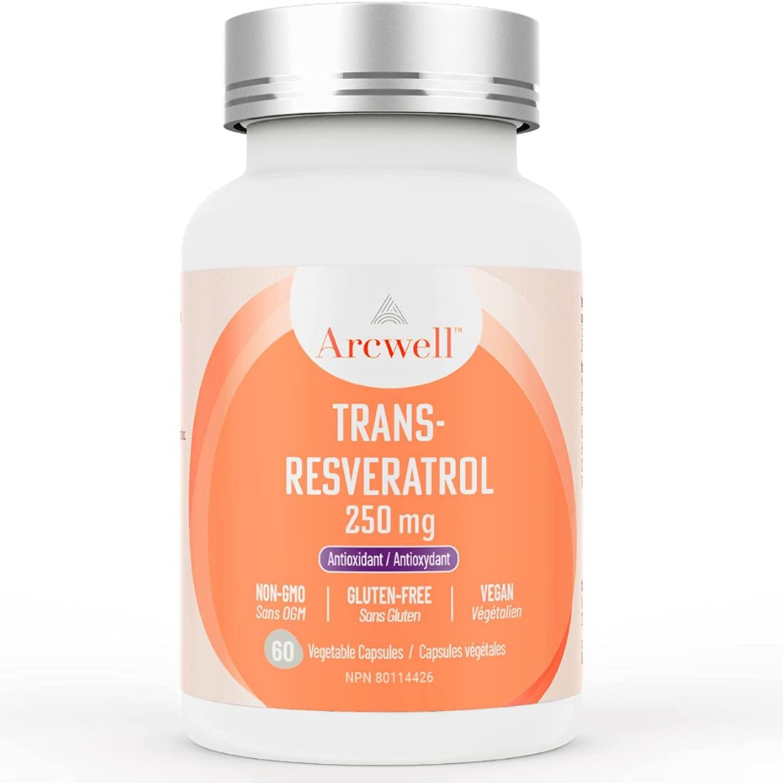 Arcwell Trans-Resveratrol, 98% trans-Resveratrol 250mg, 60 Vegetable Capsules