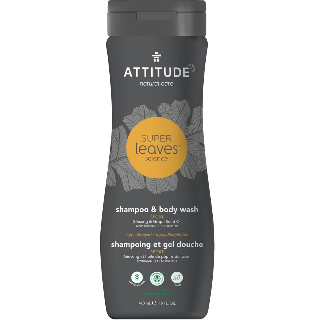 Attitude 2 in 1 Shampoo and Body Wash For Men, Sport, 473ml