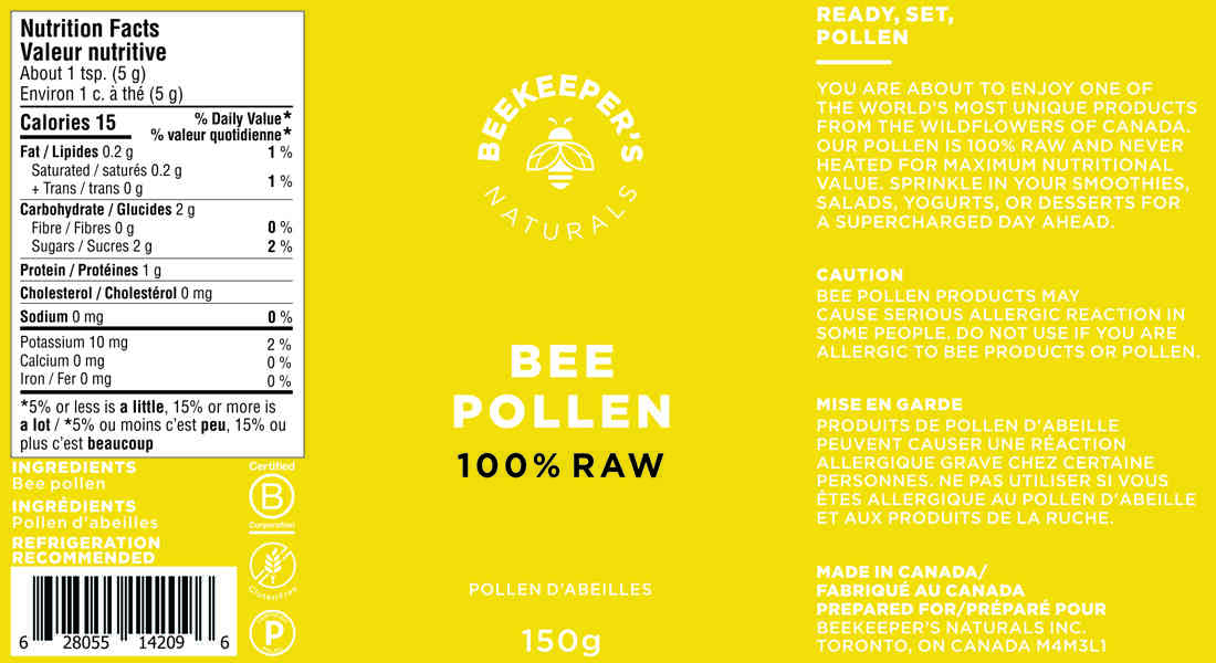 Pollen Labels Beekeepers Naturals Bee Pollen, Raw, Nutrient Dense, 150g