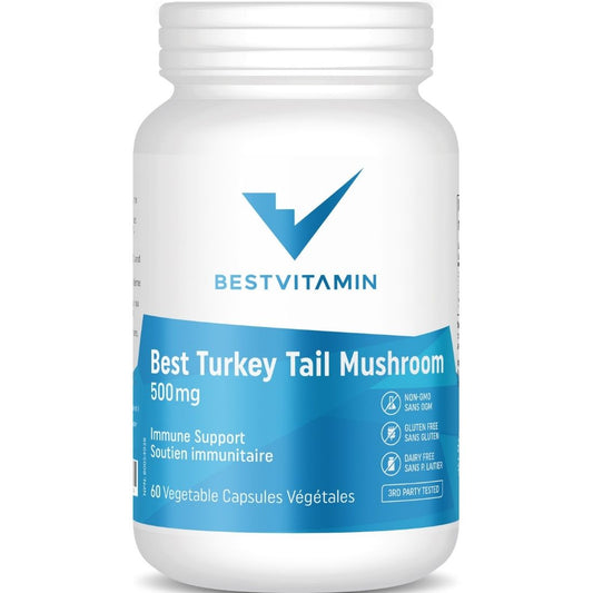 BestVitamin Best Turkey Tail 500mg, Coriolus, Anti-Microbial Immune Support, 60 Vegetable Capsules
