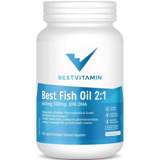 BestVitamin Best Fish Oil 2:1 EPA:DHA 660mg:330mg, Molecularly distilled, pharmaceutical grade, deep sea wild caught, 120 Liquid Softgels