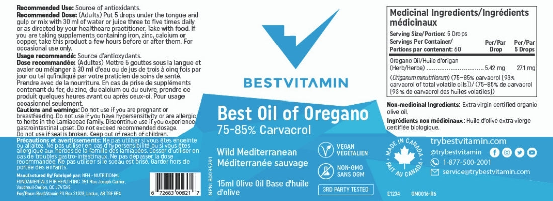 BestVitamin Best Oil of Oregano, 93% carvacrol, Antiseptic & anti-inflammatory, 15ml