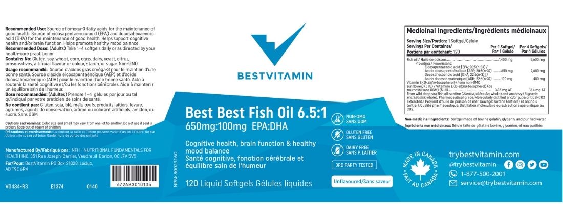 Bestvitamin Best Fish Oil 6.5:1 EPA:DHA 650mg:100mg, Healthy Brain & Mood Support, Liquid Softgels, Clearance 50% Off, Final Sale