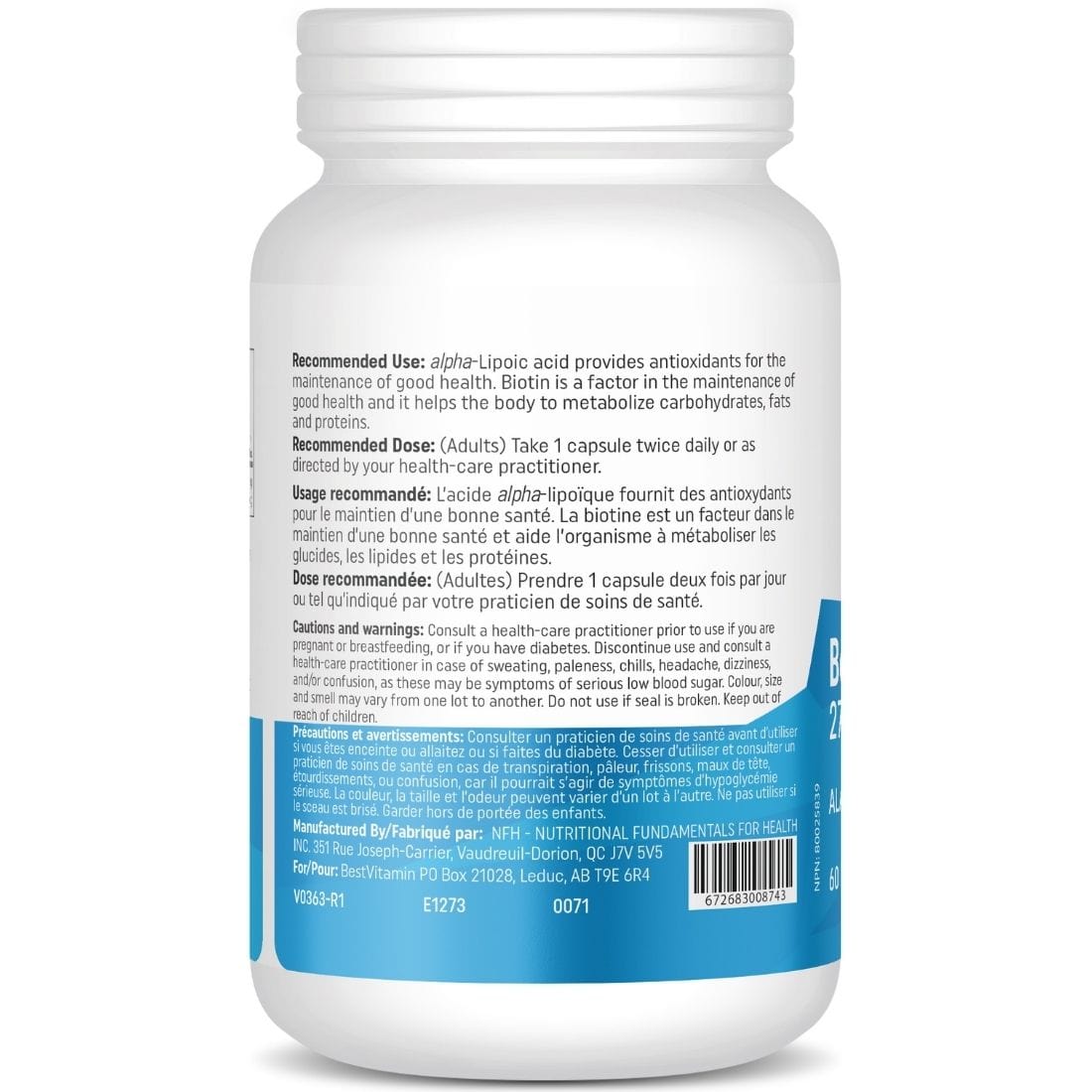 Bestvitamin Best Alpha Lipoic Acid 275mg, ALA Plus Biotin, 60 Vegetable Capsules, Clearance 50% Off, Final Sale