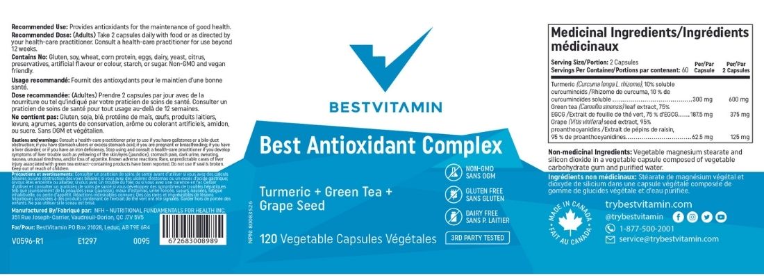 Bestvitamin Best Antioxidant Complex, Turmeric, Green Tea & Grape Seed, 120 Vegetable Capsules, Clearance 50% Off, Final Sale