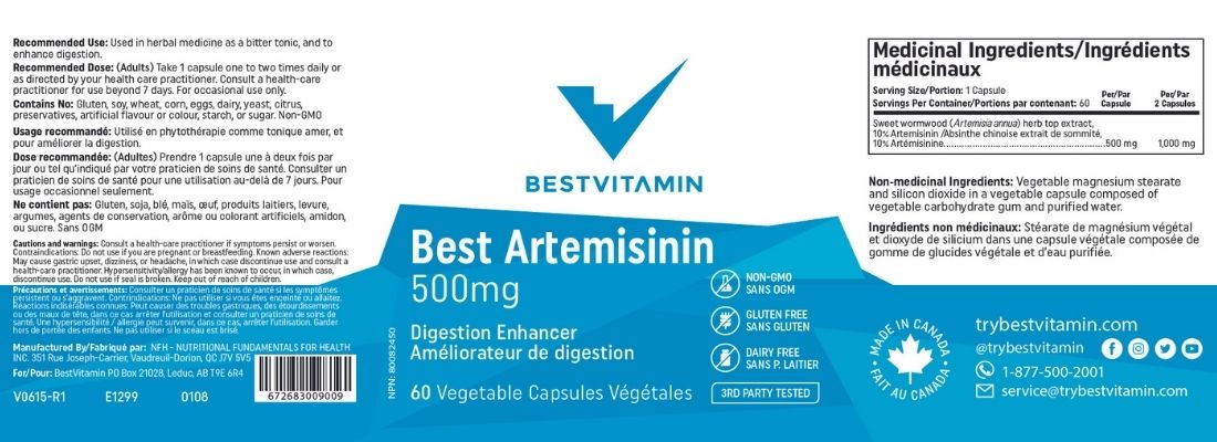 Bestvitamin Best Artemisinin Wormwood 500mg, 60 Vegetable Capsules, Clearance 50% Off, Final Sale