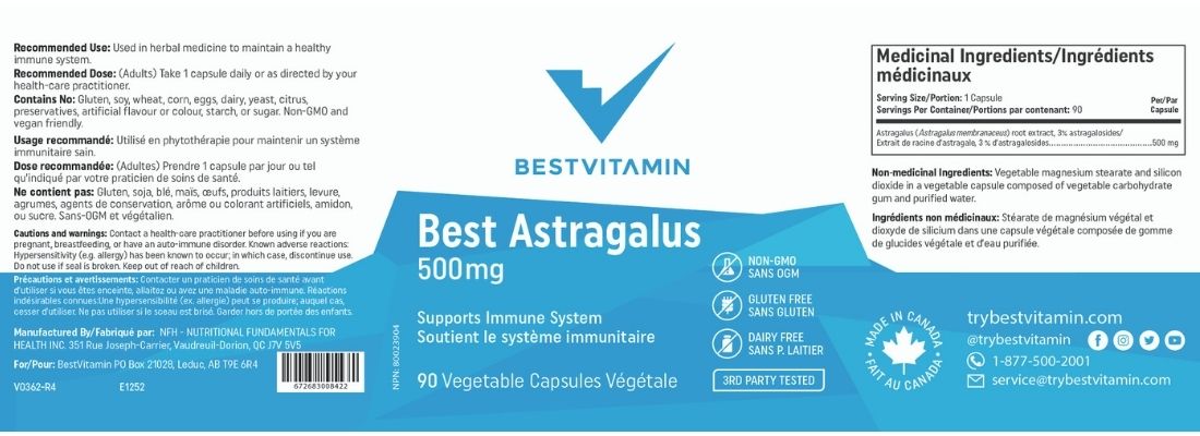 BestVitamin Best Astragalus 500mg, Immune Support, Anti-Fungal & Anti-Microbial, 90 Vegetable Capsules