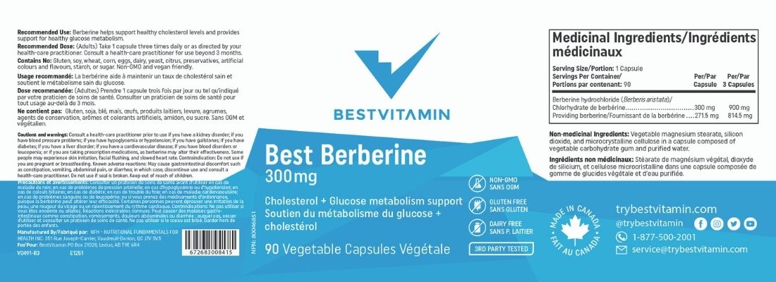 BestVitamin Best Berberine 300mg, Extra Strength, Non-GMO, 90 Vegetable Capsules