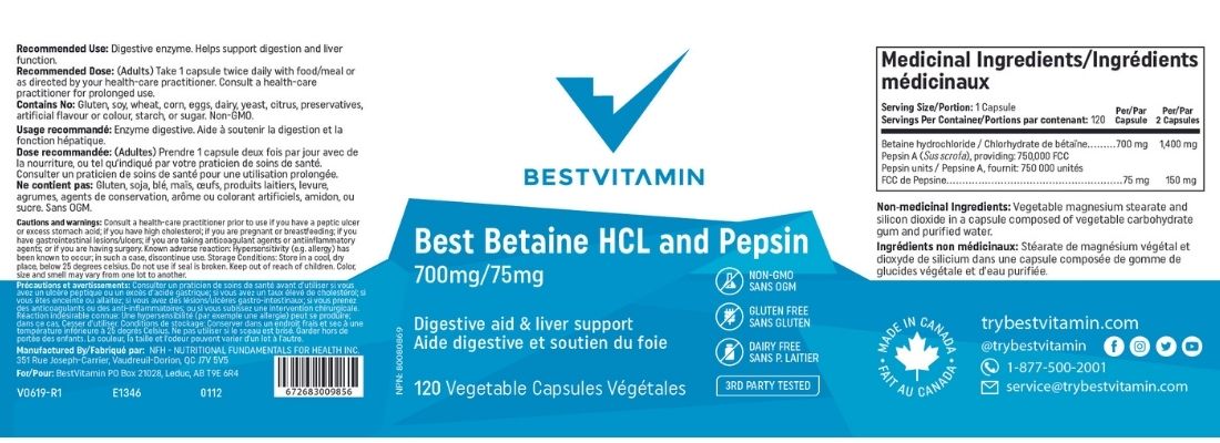 BestVitamin Best Betaine HCL and Pepsin Extra Strength 700mg / 75mg, Digestive Aid & Liver Support, 120 Vegetable Capsules
