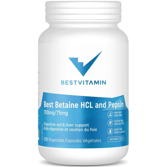 BestVitamin Best Betaine HCL and Pepsin Extra Strength 700mg / 75mg, Digestive Aid & Liver Support, 120 Vegetable Capsules