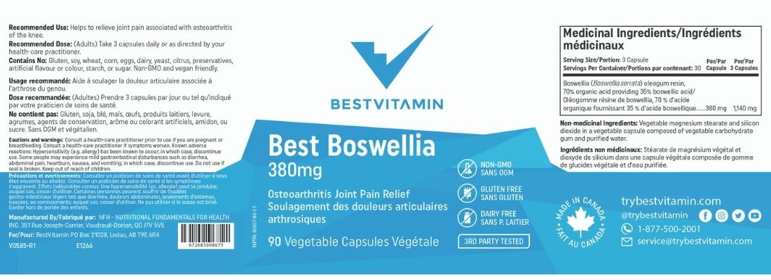 BestVitamin Best Boswellia 380mg, Osteoarthritic Joint Pain Relief, 90 Vegetable Capsules
