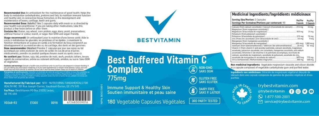 Bestvitamin Best Buffered Vitamin C Complex 775mg with Zinc, Highly Absorbable, 180 Capsules, 3 Month Supply