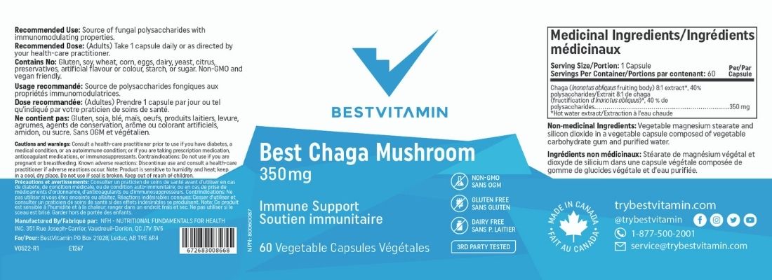 BestVitamin Best Chaga Mushroom 350mg, Anti-microbial immune support, Non-GMO, 60 Vegetable Capsules, Clearance 50% Off, Final Sale