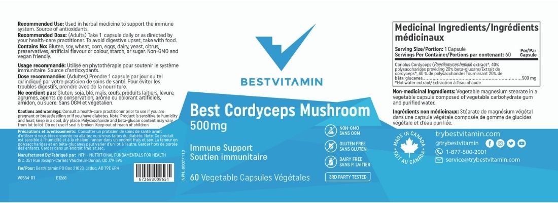BestVitamin Best Cordyceps Mushroom 500mg, Anti- microbial immune support, Non-GMO, 60 Vegetable Capsules, Clearance 50% Off, Final Sale