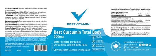 BestVitamin Best Curcumin Total Body 500mg, Water Soluble, Non-GMO, 90 Vegetable Capsules