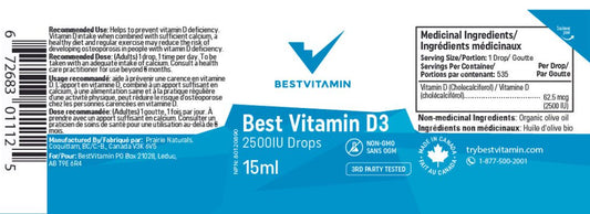 BestVitamin Best Liquid Vitamin D3 Drops 2500IU with Organic Olive Oil, 500 Servings, 15ml