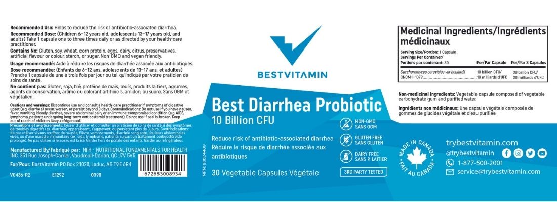 Bestvitamin Best Diarrhea Probiotic, Saccharomyces Boulardii, 10 Billion CFU, 30 Vegetable Capsules