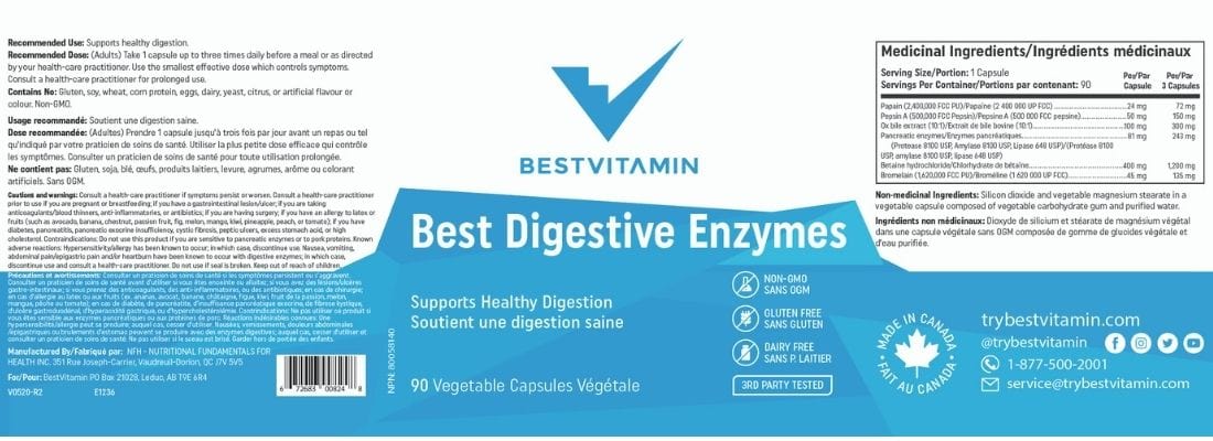 BestVitamin Best Digestive Enzymes with Ox Bile, Reduces bloating & stomach pain, 90 Vegetable Capsules