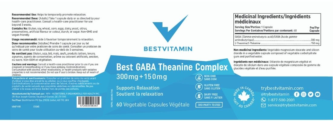 BestVitamin Best GABA Theanine Complex, 300mg Plus 150mg, Mood, stress, anxiety support, 60 Vegetable Capsules
