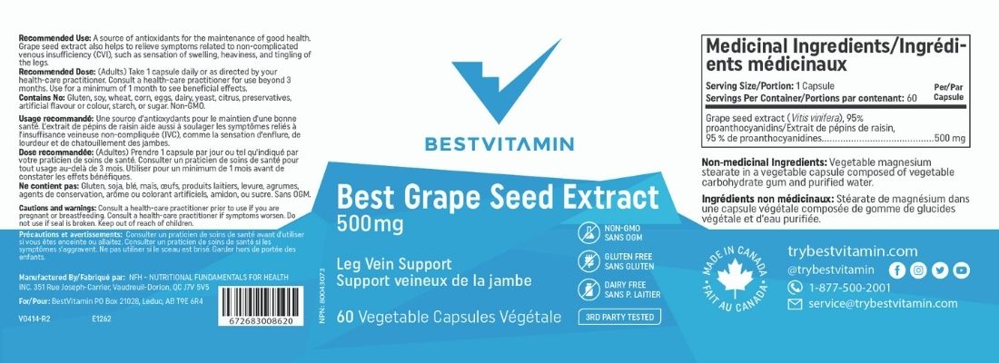 BestVitamin Best Grape Seed Extract 500mg, Extra Strength, 60 Vegetable Capsules, Clearance 50% Off, Final Sale