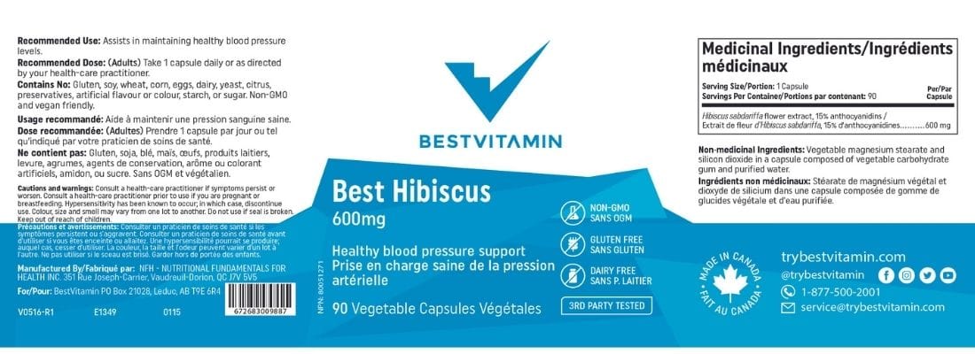 BestVitamin Best Hibiscus 600mg, Supports healthy blood pressure levels, 90 Vegetable Capsules