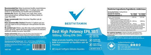 BestVitamin Best High Potency EPA 10:1, 1000mg:100mg EPA:DHA, Healthy mood balance support, 60 Liquid Softgels