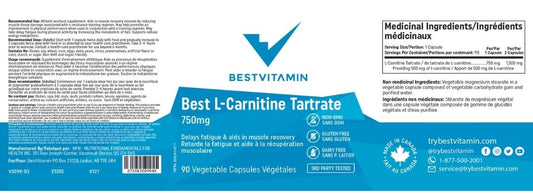 BestVitamin Best L-Carnitine Tartrate 750mg, Delays fatigue & aids in muscle recovery, 90 Vegetable Capsules
