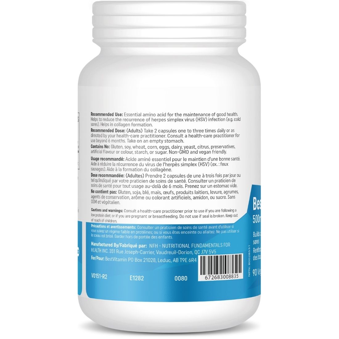 BestVitamin Best L-Lysine, 500mg, Builds Collagen & Reduces Cold Sores, 90 Vegetable Capsules, Clearance 50% Off, Final Sale