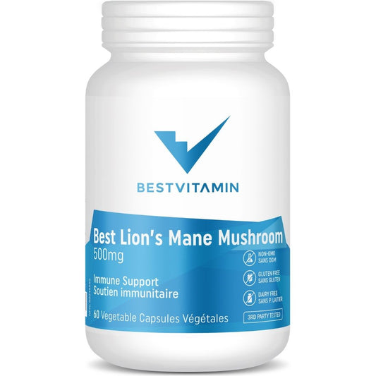 BestVitamin Best Lion's Mane Mushroom 500mg, Immune & Cognitive Support, 60 Vegetable Capsules