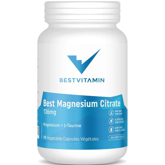 Bestvitamin Best Magnesium Citrate 136mg Plus Taurine 45mg, Gluten-Free, Non-GMO, 90 Vegetable Capsules