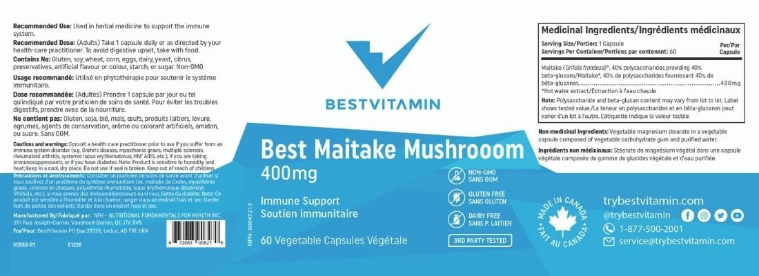 BestVitamin Best Maitake Mushroom 400mg, Blood sugar level & immune support, 60 Vegetable Capsules, Clearance 50% Off, Final Sale